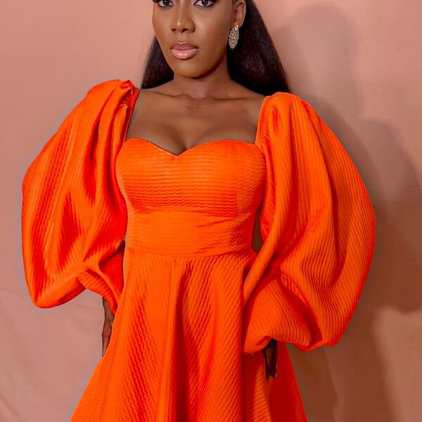 Myra Orange Babydoll Dress with puff sleeves