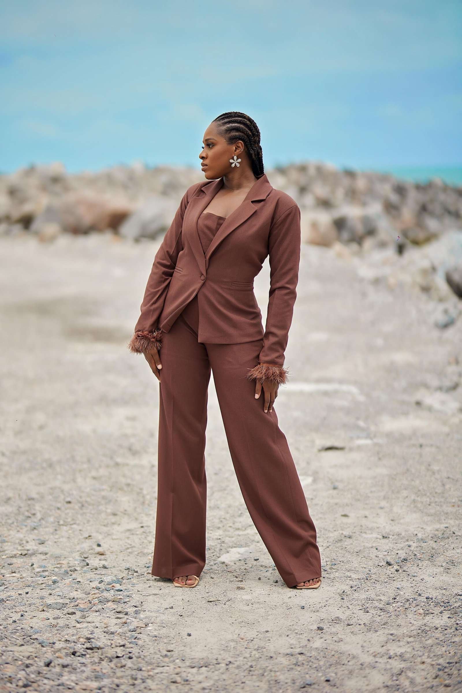 Myra Brown Women Suit with feathers - Myra