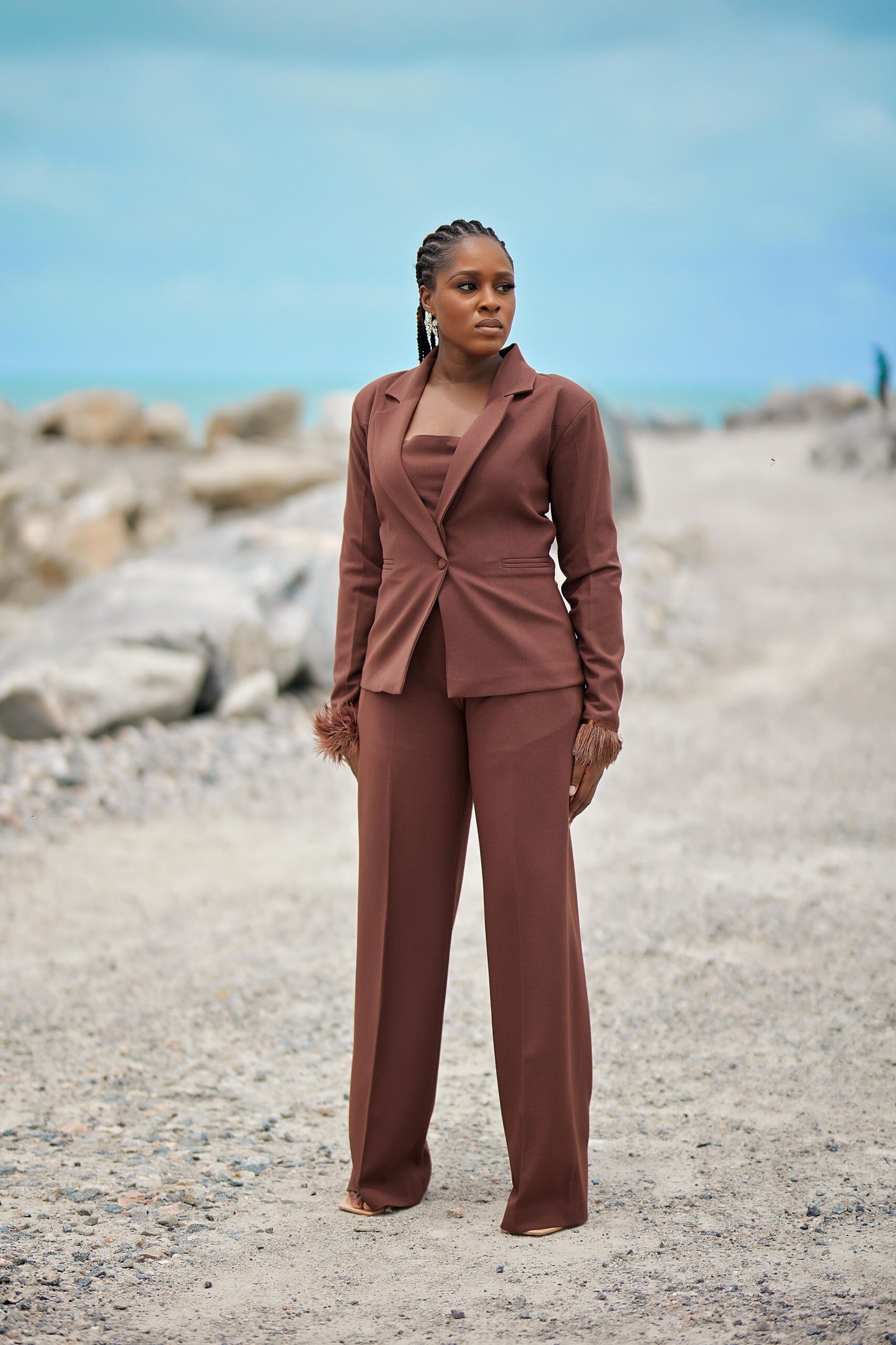 Myra Brown Women Suit with feathers
