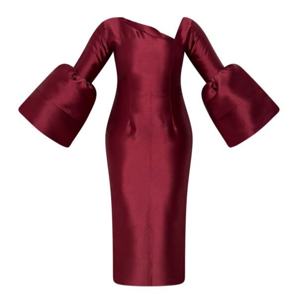 Burgundy Asymmetric Neckline Midi Dress with Puff Sleeves, elegant formal dress for women