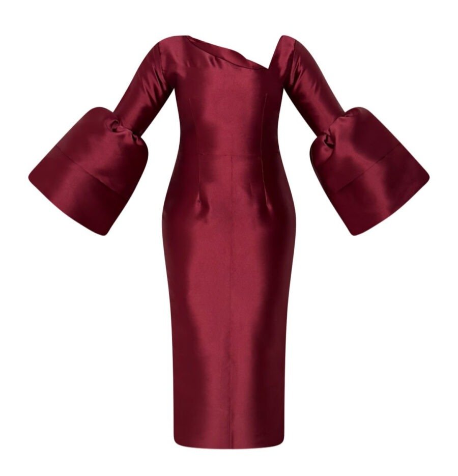 Burgundy Asymmetric Neckline Midi Dress with Puff Sleeves, elegant formal dress for women