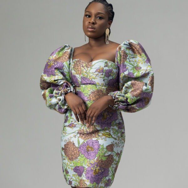 Myra floral jacquard mini dress with puff sleeves